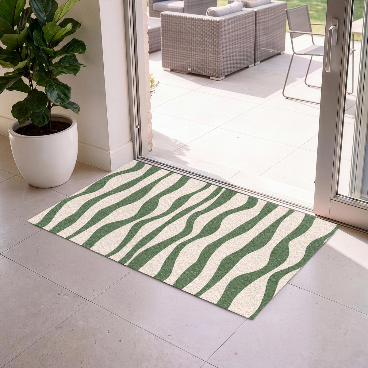 ROHOŽKA Vlnité linie - Béžová - Zelená - Pruhy - Abstraktní 120x80 cm - tmavě zelená, textil/umělá hmota (120/0.4cm) - MuchoWow