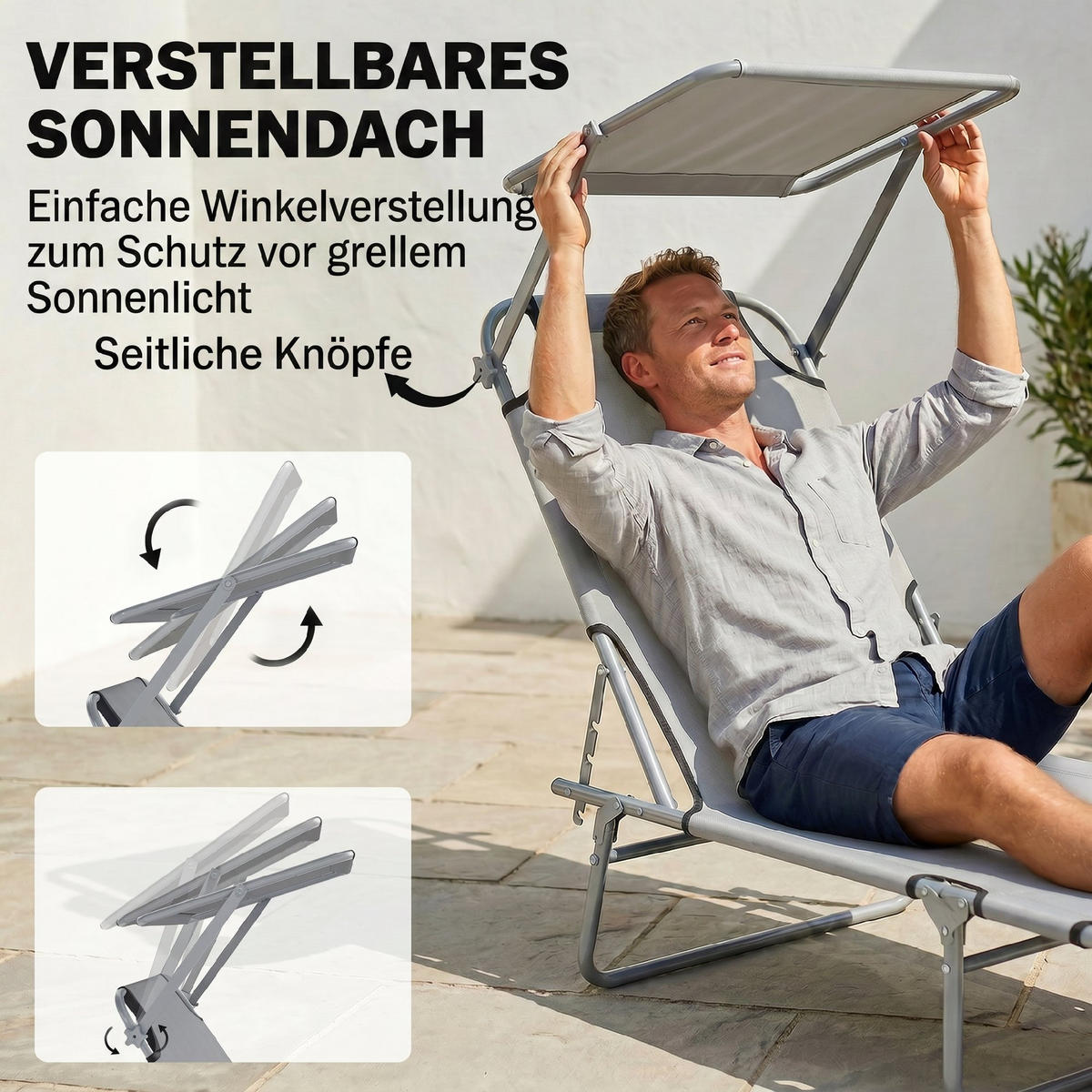 SONNENLIEGE, Gartenliege, Wellnessliege, Strandliege, klappbar, mit Sonnenschutz, 187 x 58 x 36 cm, Grau - Hellgrau, Metall (187/36/58cm)