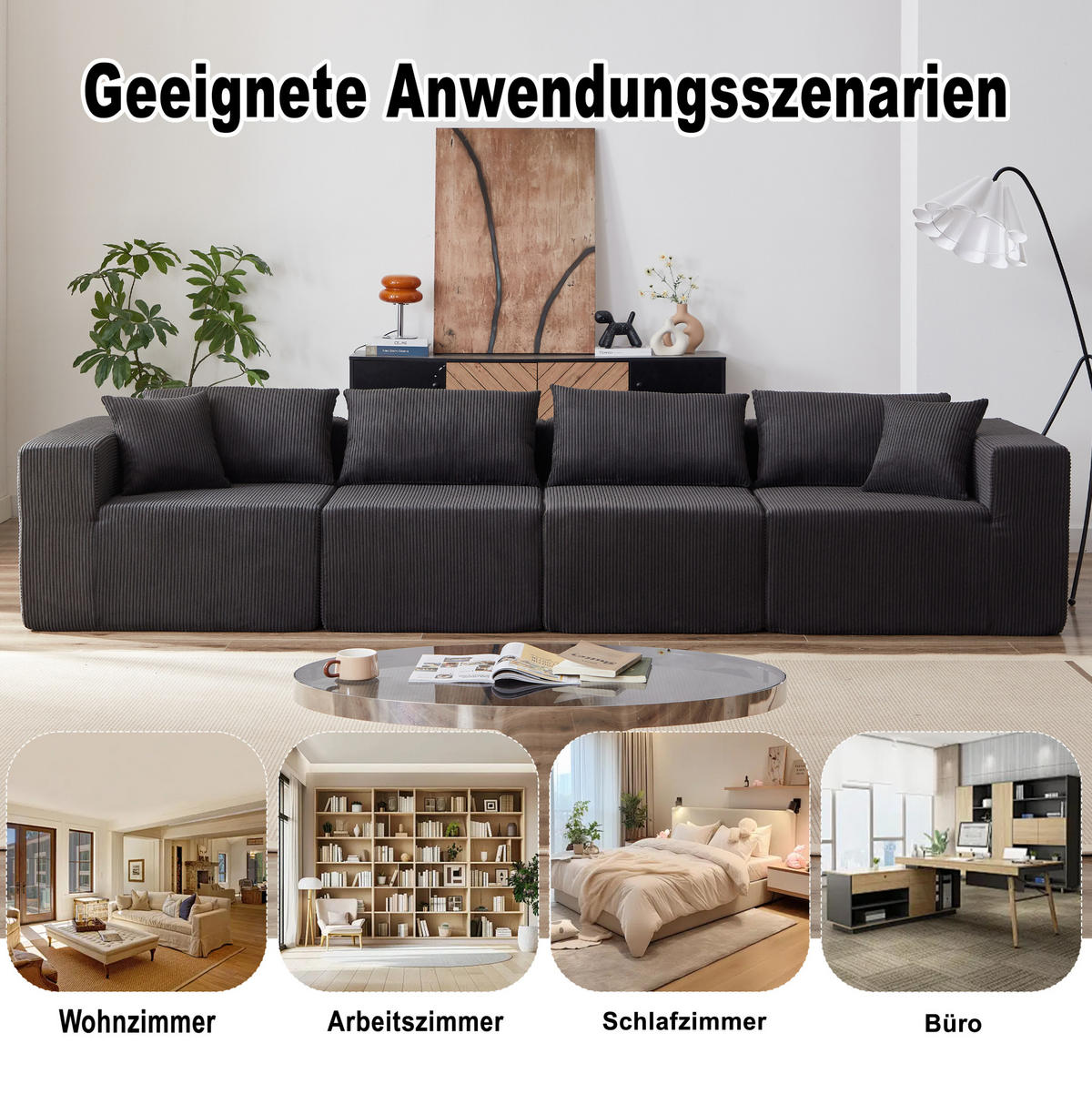 ECKSOFA 264/167/71 cm schwarz aus Cord und Schaumstoff mit freier Kombination - Schwarz, Textil (167/264cm) - OKWISH