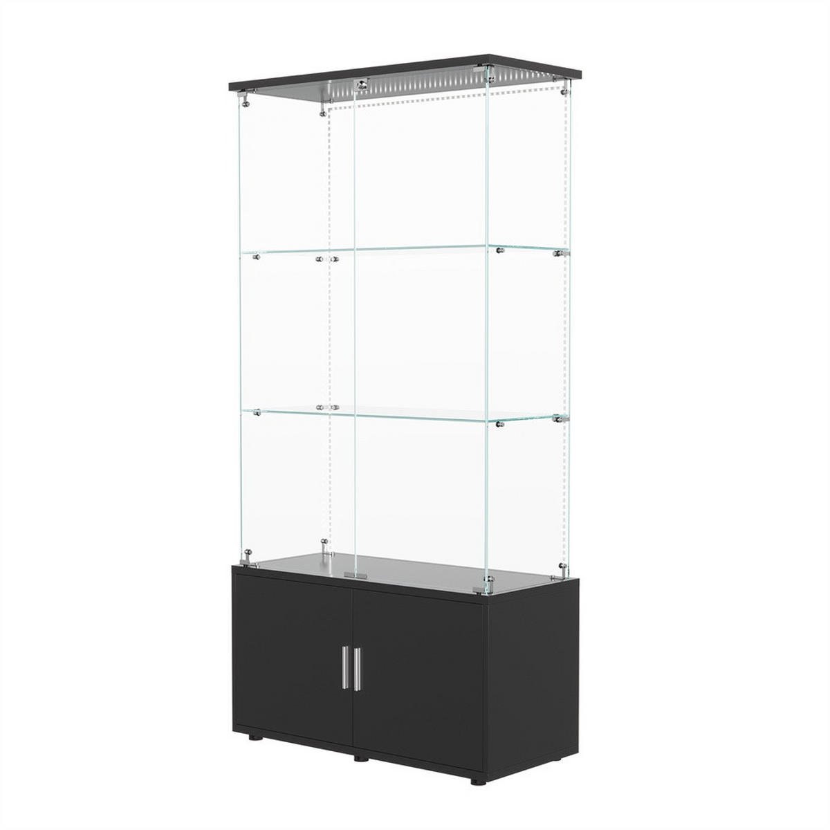 VITRINE - Glasvitrine mit Cabinet-Unterbau - 4 Türen und 3 Ebenen - LED-Lichtband-Beleuchtung - Schwarz - Schwarz, Glas (78.51/164/35cm) - DELFA