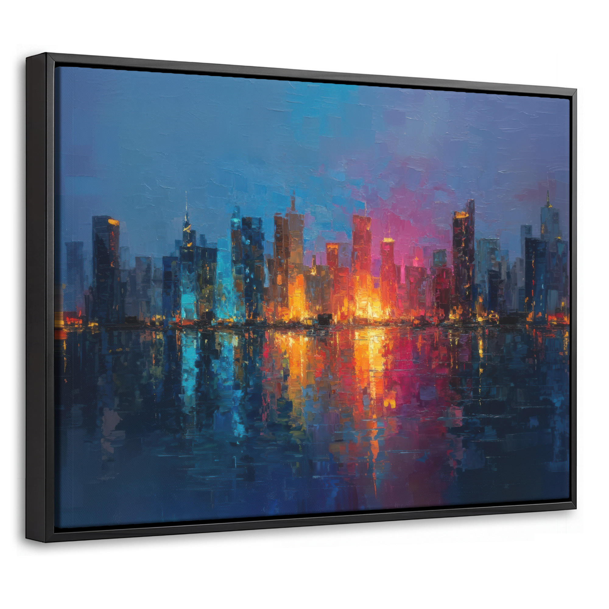 LEINWAND Bilder mit Rahmen - Skyline - Pinselstriche - Dunkelblau - Leuchtend - 40x30 - Blau, Textil (40/30cm) - MuchoWow