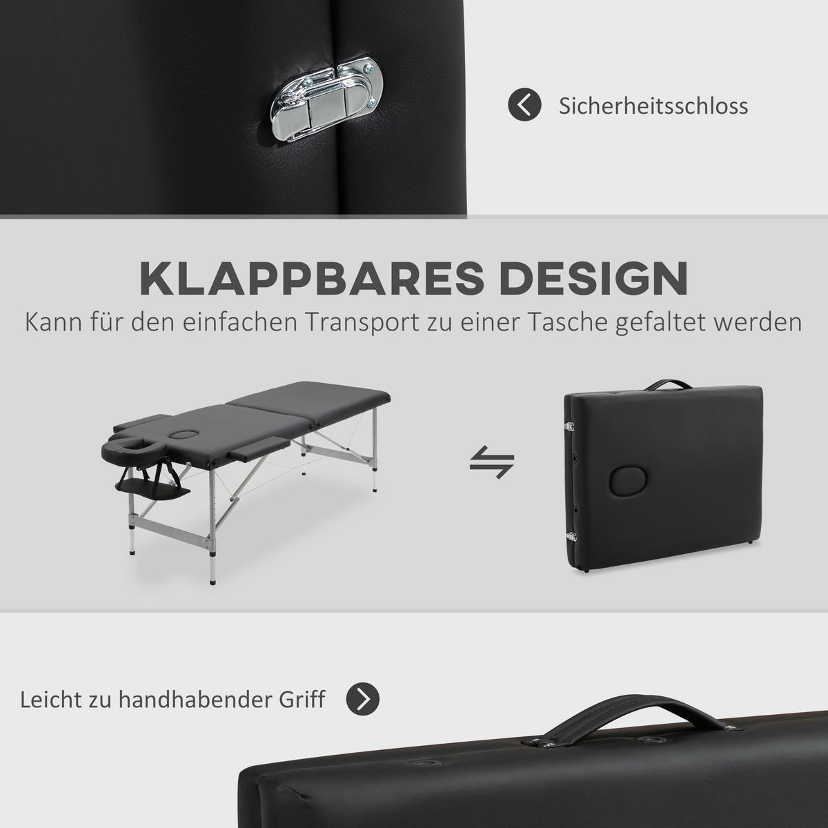 MASSAGELIEGE klappbar Massagebett max. 130 kg Belastbar Kunstleder, Schwarz - Schwarz, Metall (71/83/186cm) - HOMCOM