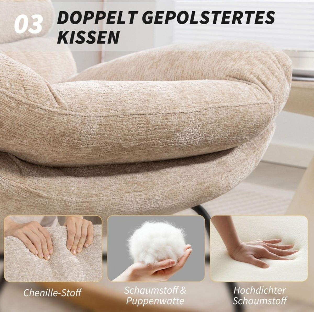 SESSEL 80/103/91 cm, gepolstert mit 13 cm Schaum, Kufenbasis aus Stahl und Kautschukholz, Cremeweiß - Creme, Kunststoff (80/91/103cm) - Redom
