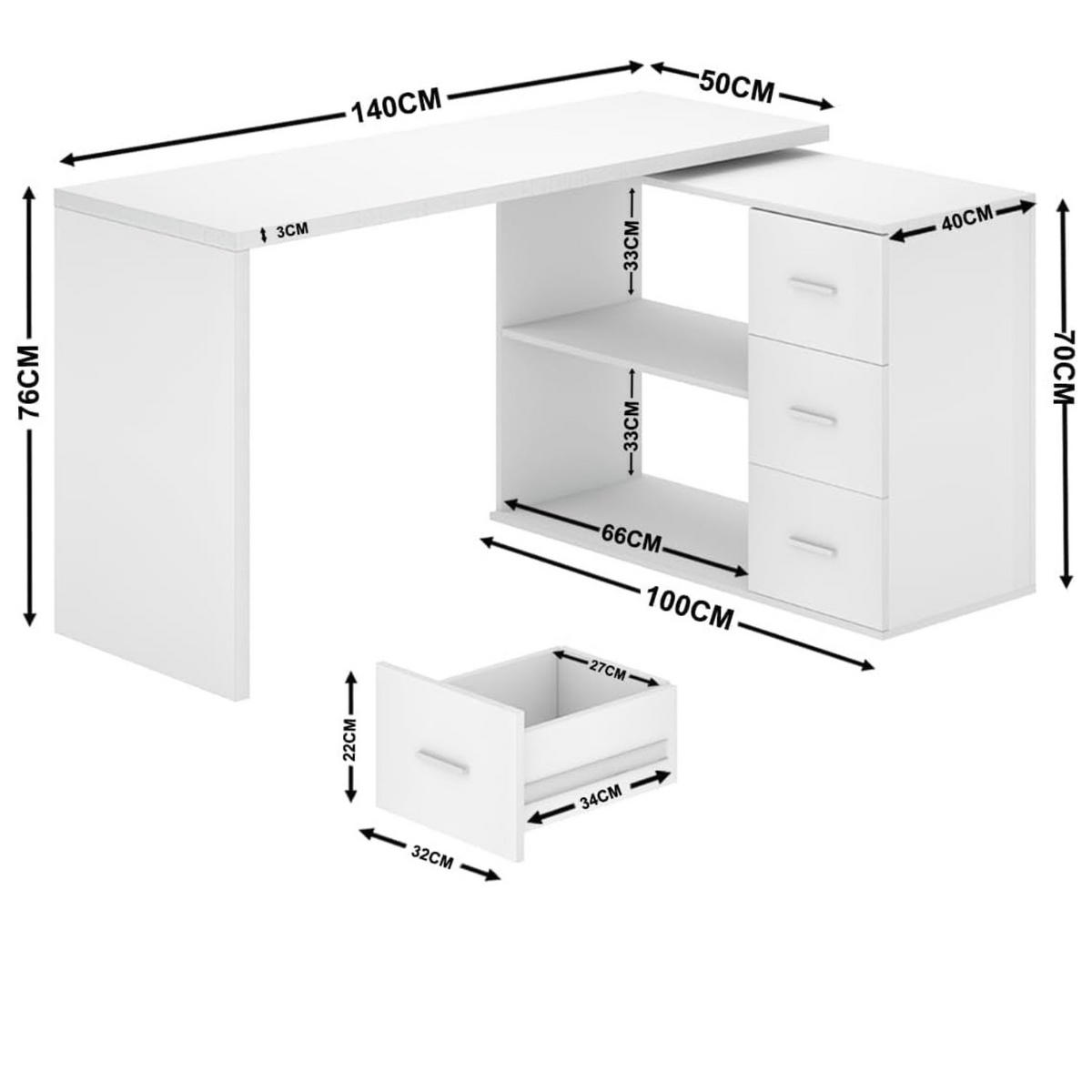 SCHREIBTISCH drehbar mit Schubladen 140 x 50 x 76 cm - Weiß, Holzwerkstoff/Metall (50/140/76cm) - Quality Elegance