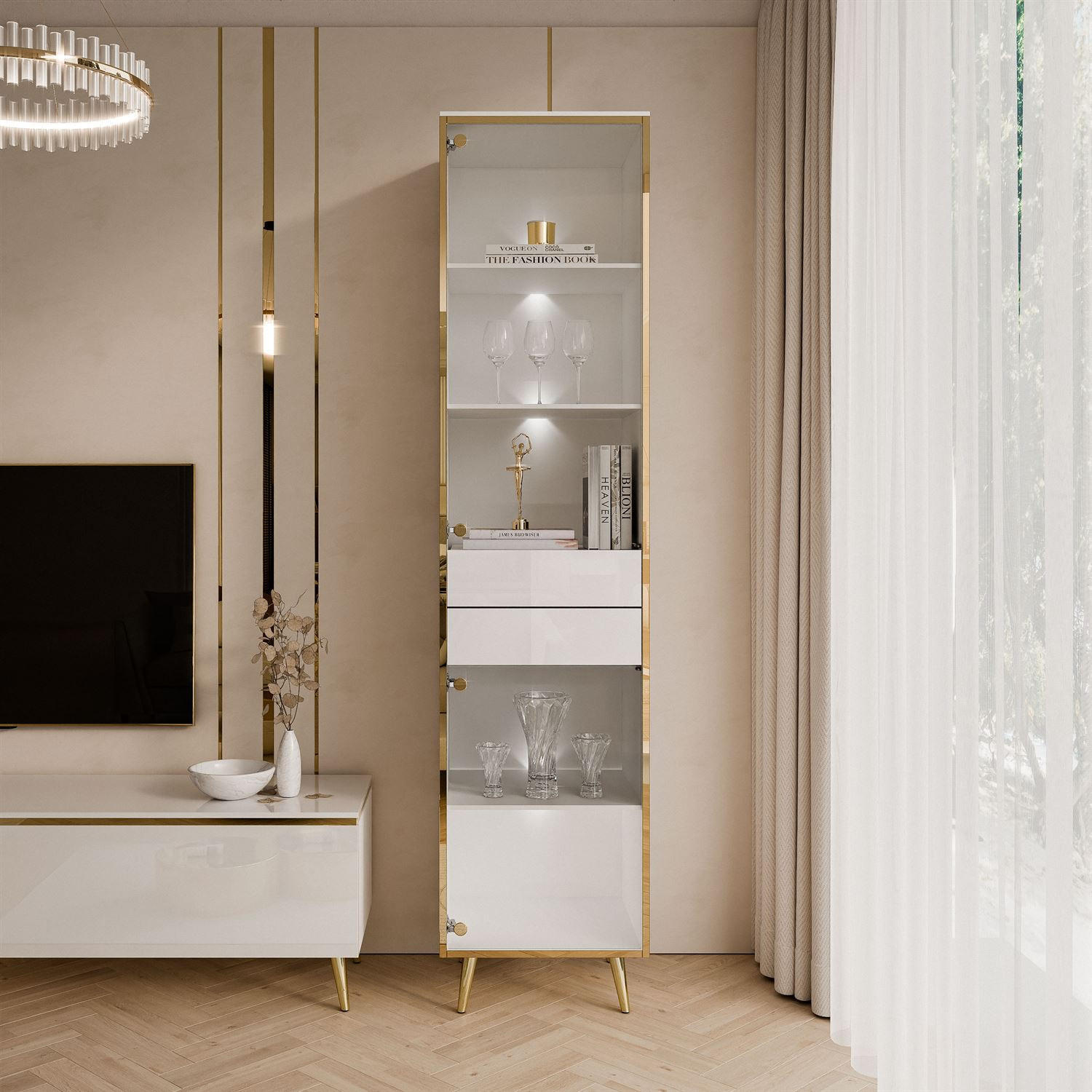 Thumbnail - Lookway Vitrine, Weiß Hochglanz, Holzwerkstoff, Uni, 2 Schubladen, seitenverkehrt montierbar,Rechteckig, 45x194x40 cm, W...