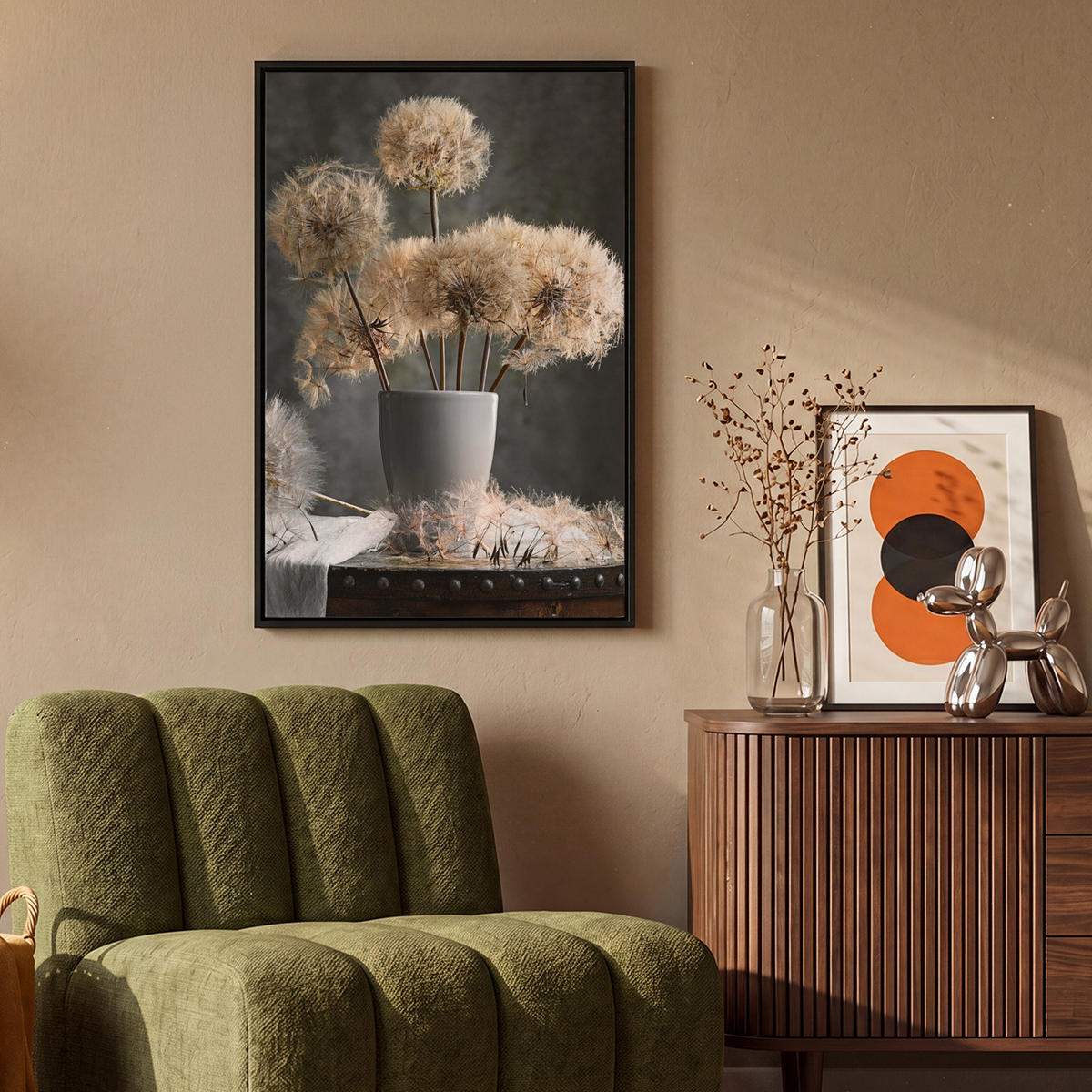 LEINWAND Bilder mit Rahmen - Blumensamen - Löwenzahn - Vase - Stilleben - Blumenstrauß - 60x90 - Dunkelgrau, Textil (60/90cm) - MuchoWow