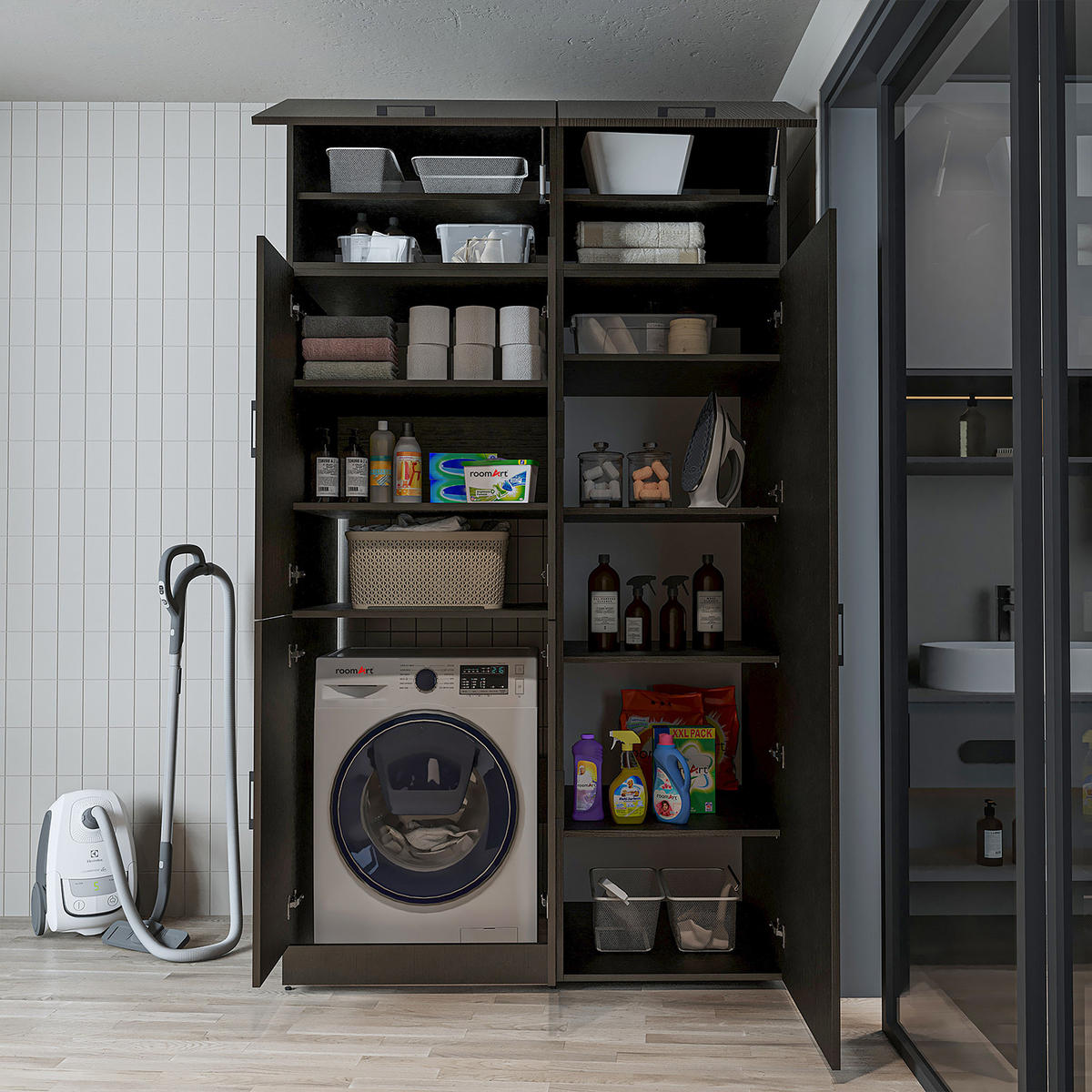 WASCHMASCHINENSCHRANK DORA-II 130cm Breit, 230cm Hoch - Schwarz, Holzwerkstoff (130/230/73.8cm)
