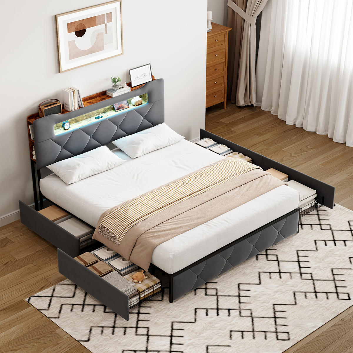 POLSTERBETT 160x200 cm Grau Samt USB 4 Schubladen Kopfteil - Grau, Holz (160/200cm) - SHOPENTRA