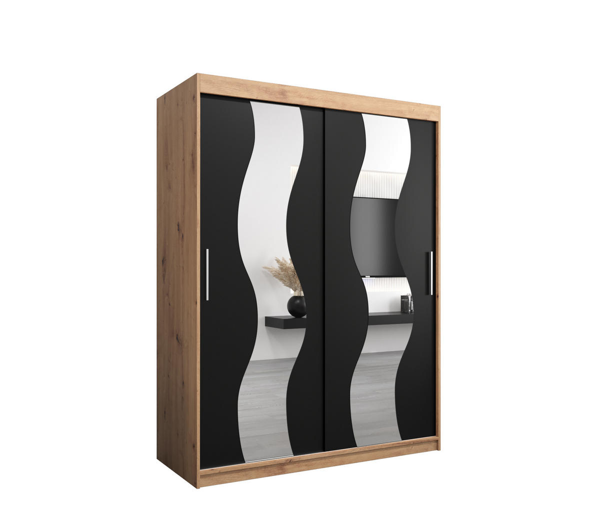 SCHWEBETÜRENSCHRANK 200/150/62 2-türig - Silberfarben/Schwarz, Holz/Kunststoff (150/200/62cm) - Abiks Möbel