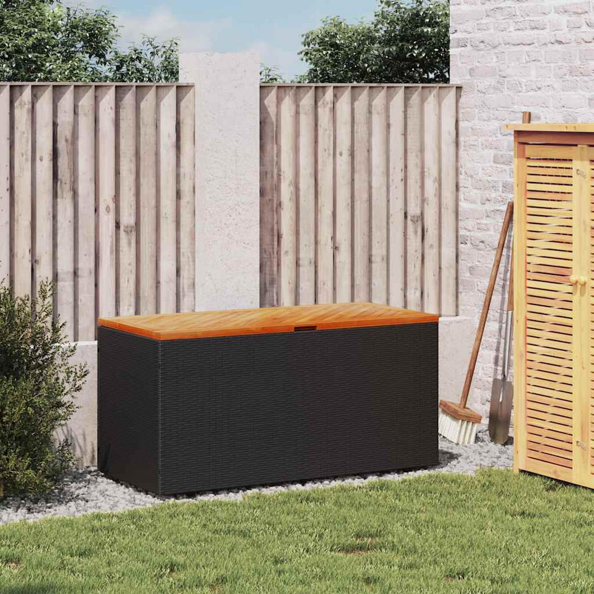 GARTENTRUHE Schwarz 110x50x54 cm Poly Rattan Akazienholz - Schwarz, Kunststoff (110/54/50cm) - furnicato