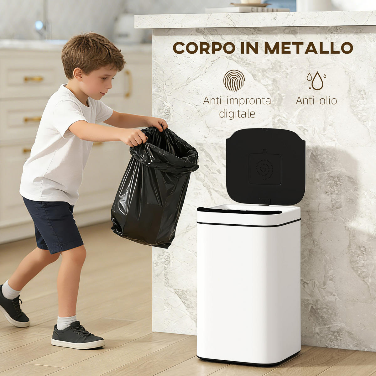 MÜLLEIMER mit Sensor 13L 24/24/41 cm Stahl Kunststoff Weiß-Schwarz AUTOMATISCHE ÖFFNUNG Küche Bad - Weiß, Metall (24/41/24cm) - Rolipo