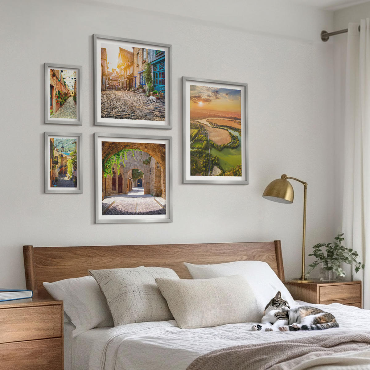 BILDER SET 5er Set - 50x50 cm & 20x30 cm & 40x60 cm Silberner Rahmen - Sommerlandschaften im Boho-Stil - Silberfarben, Kunststoff (40/60cm) - TULUP