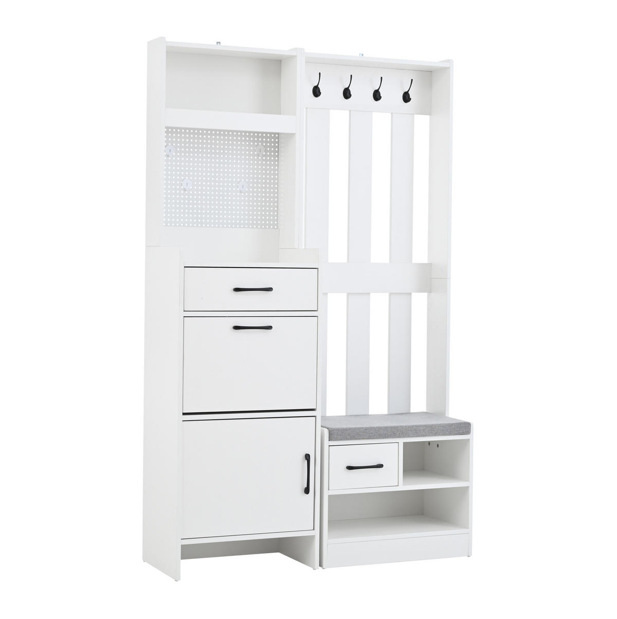 GARDEROBE 110/35/175,5 cm aus Spanplatte mit Schuhbank und 7 Haken Weiß - Weiß, Holzwerkstoff (110/175.5/35cm) - Modenvie
