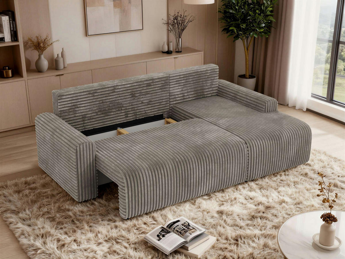 ECKSOFA NESSARO L Hellbraun Cord - Rechts Seite - Hellbraun/Schwarz, Kunststoff/Textil (151/244cm) - MKS