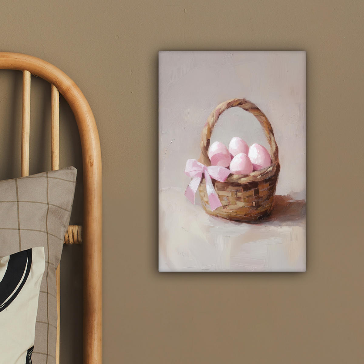 LEINWANDBILD Korb - Eier - Rosa Deko Wohnzimmer 20x30 cm - Beige, Textil (20/30cm) - MuchoWow