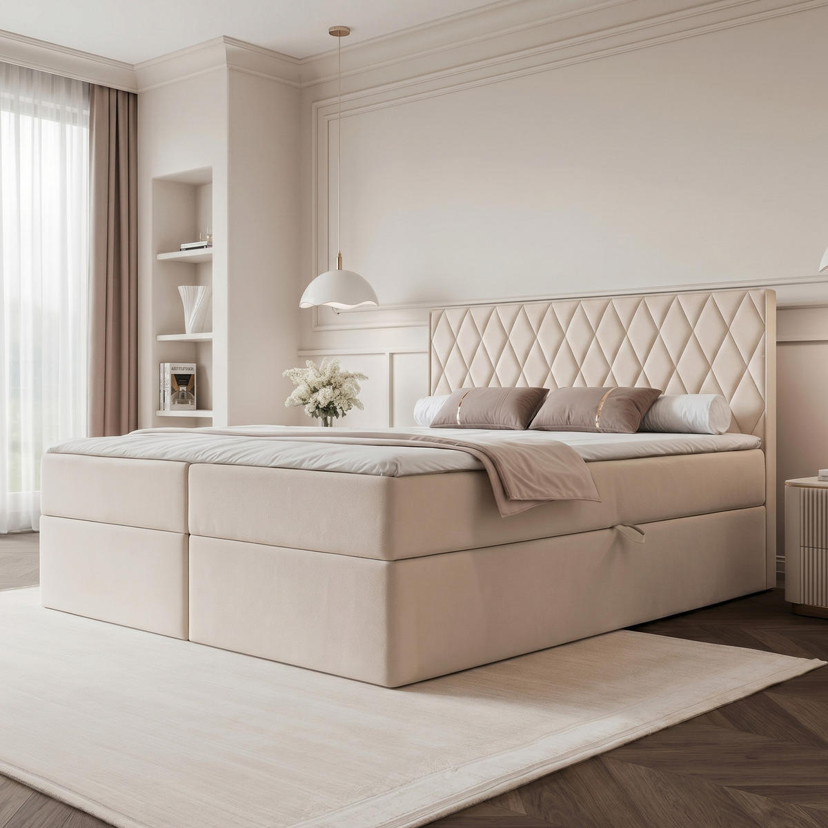 BOXBETT PONTI 180x200 cm Cremeweiß (Samt) - mit 2 Bettkästen, Bonellmatratze und vertikaler Rautensteppung - Creme, Holzwerkstoff/Textil (180/200cm) - Ravio