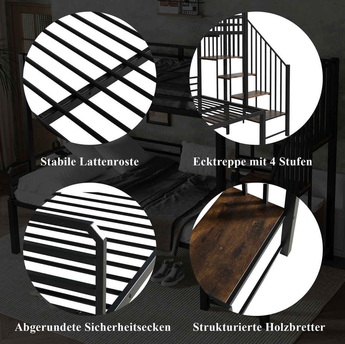 ETAGENBETT 90/120x200 cm aus Metall und MDF mit Eckleiter, Stauraum und Sicherheitsgeländern, Schwarz/Vintage-Holzfarbe - Schwarz, Holzwerkstoff (90/200cm) - Redom