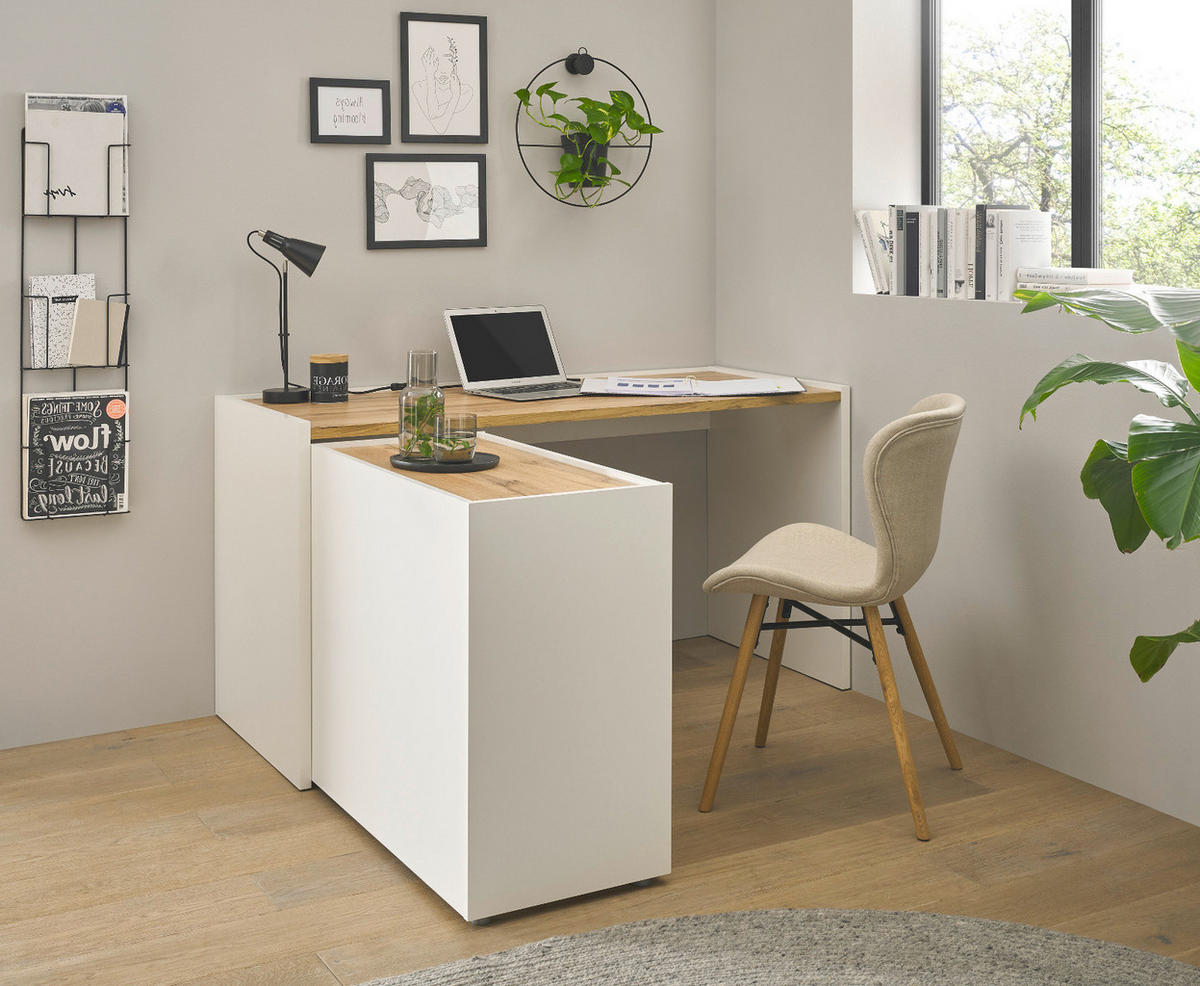 SCHREIBTISCHKOMBINATION 3-teilig weiß, Eiche Wotan 143 cm, Büromöbel Set mit Aktenregal und Kommode - Eichefarben/Silberfarben, Holzwerkstoff/Kunststoff (140/143/76cm) - Furn.Design