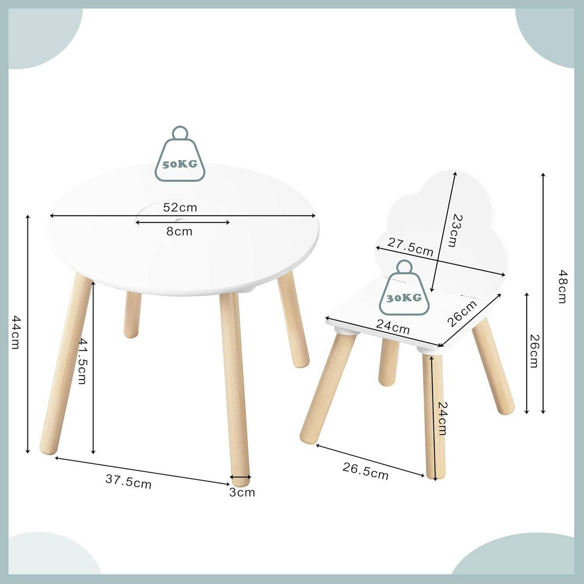 KINDERSITZGRUPPE runder Tisch, Weiß - Naturfarben/Weiß, Holz/Holzwerkstoff (52/44/52cm) - Woltu