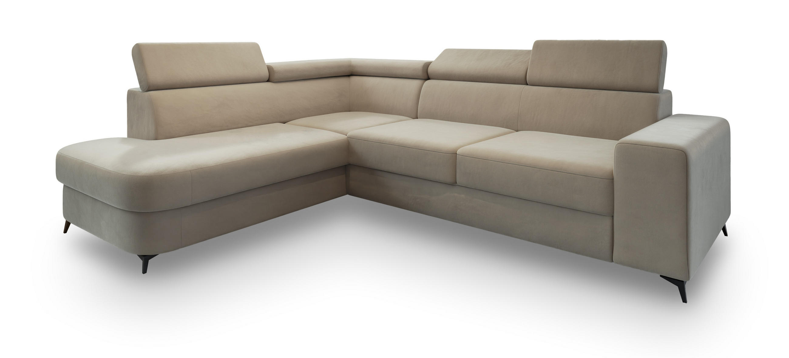 ECKSOFA ALVORO L-S Beige Velours-Stoff mit Schlaffunktion - Beige, Holz (253/190cm) - MASSENO