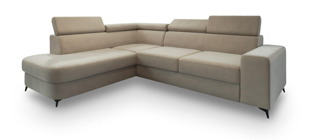 ECKSOFA ALVORO L-S Beige Velours-Stoff mit Schlaffunktion - Beige, Holz (253/190cm) - MASSENO