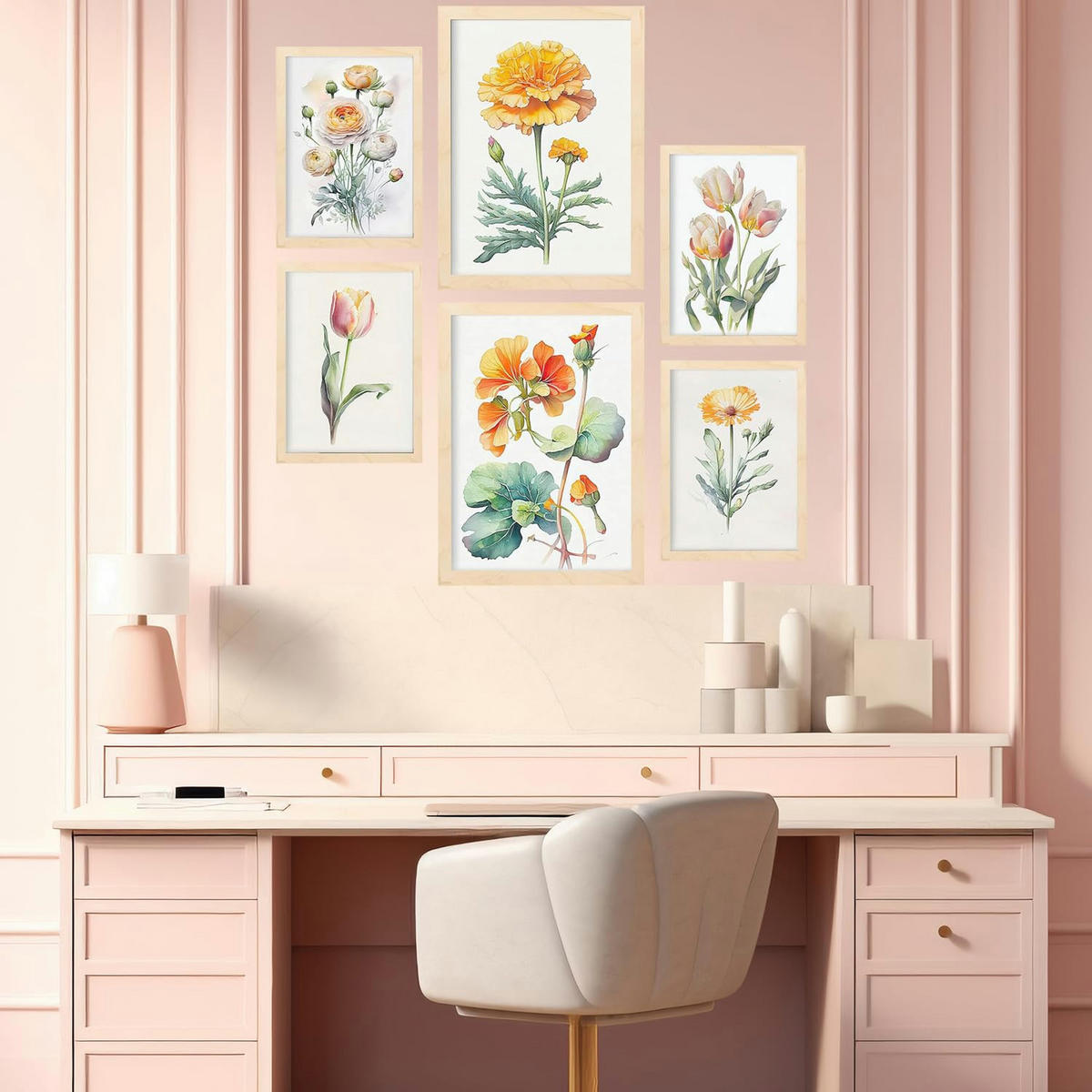 POSTER Set Mit 6 Orangenblüte Größe A3 & A4 Rahmen aus hellem Holz - Beige, Papier (29.7/1cm) - Nacnic