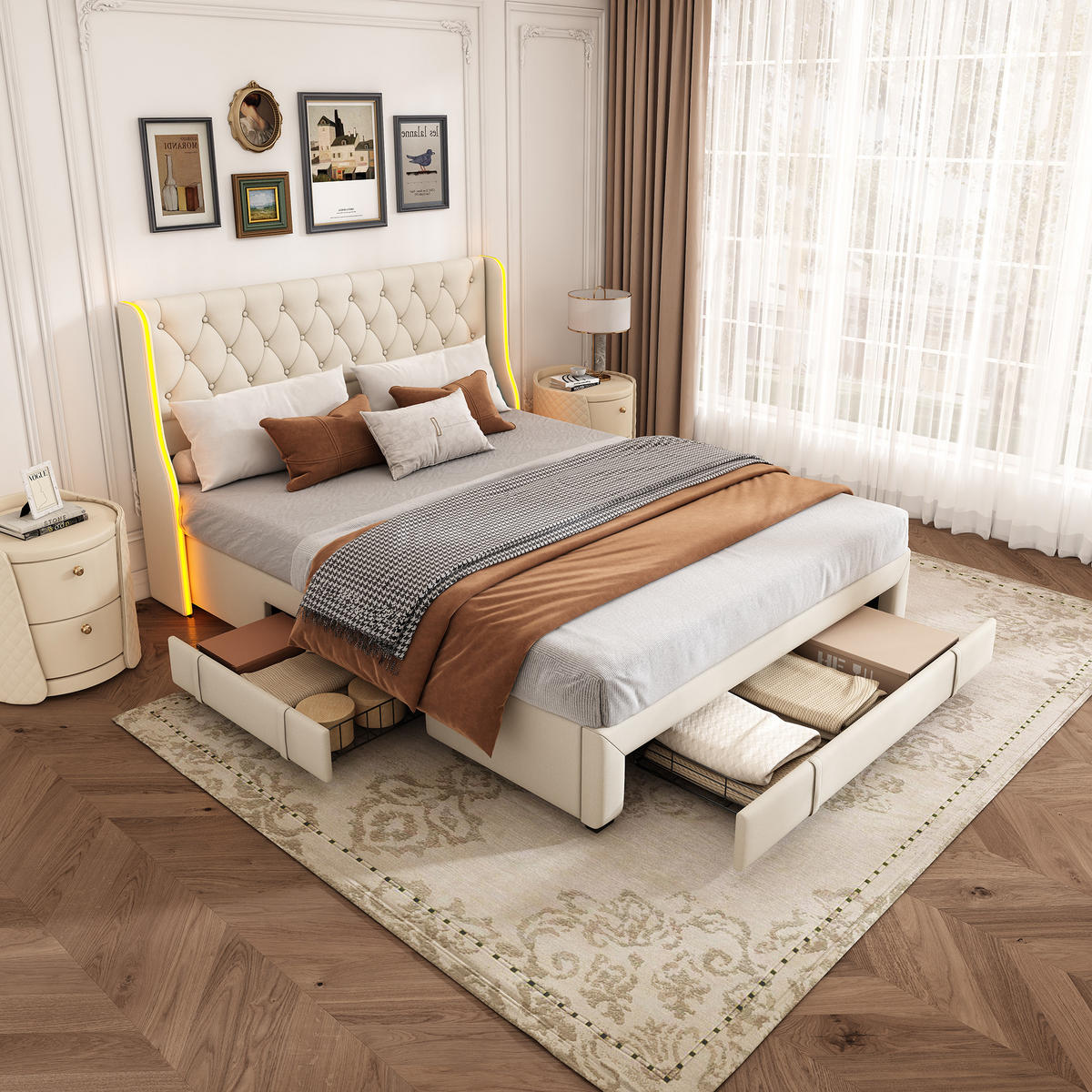 POLSTERBETT 160x200 cm LED Kopfteil 3 Schubladen Lattenrost Samt beige - Beige, Holz (160/200cm) - LEBENLANG