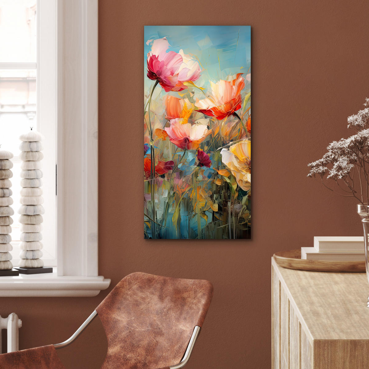 METALLBILD Blumen - Aquarell - Kunst - Botanisch - Natur 40x80 cm - Orange, Metall (40/80cm) - MuchoWow