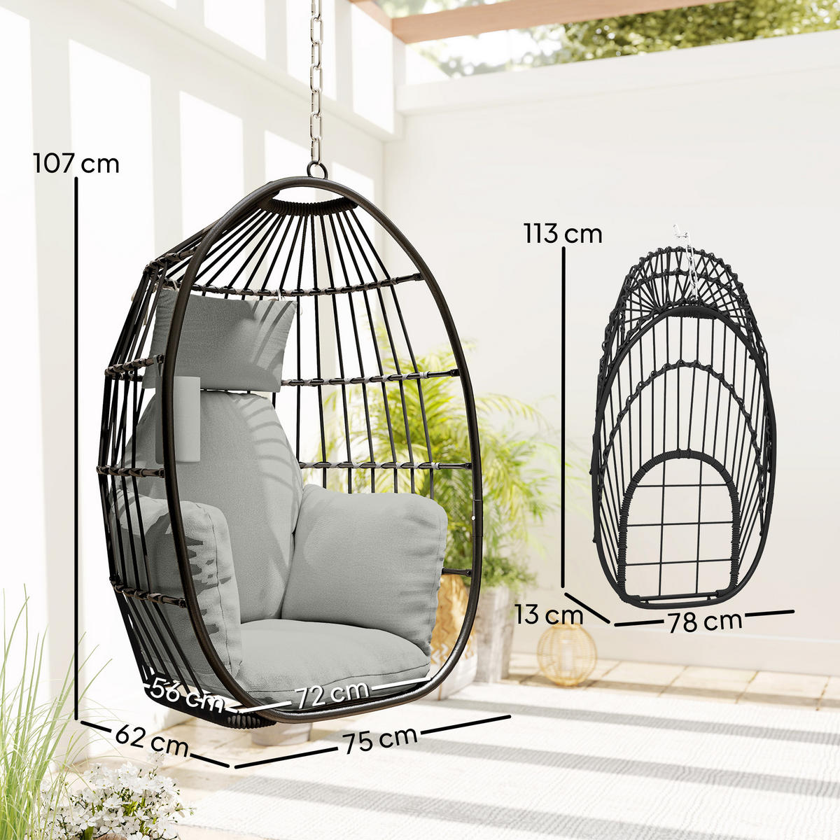 HÄNGESESSEL DE-15335 Dunkelgrau - Dunkelgrau, Metall (62/107/75cm) - ComfortXL