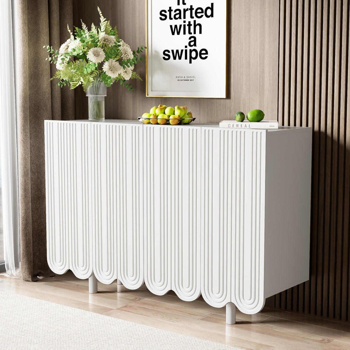 SIDEBOARD 4-türig aus weißem MDF mit geschnitzten Tropfenfronten, gedämpfte Scharniere, 120/37,5/80,8 cm, Weiß - Weiß, Holzwerkstoff (120/37.5/80.8cm) - Redom