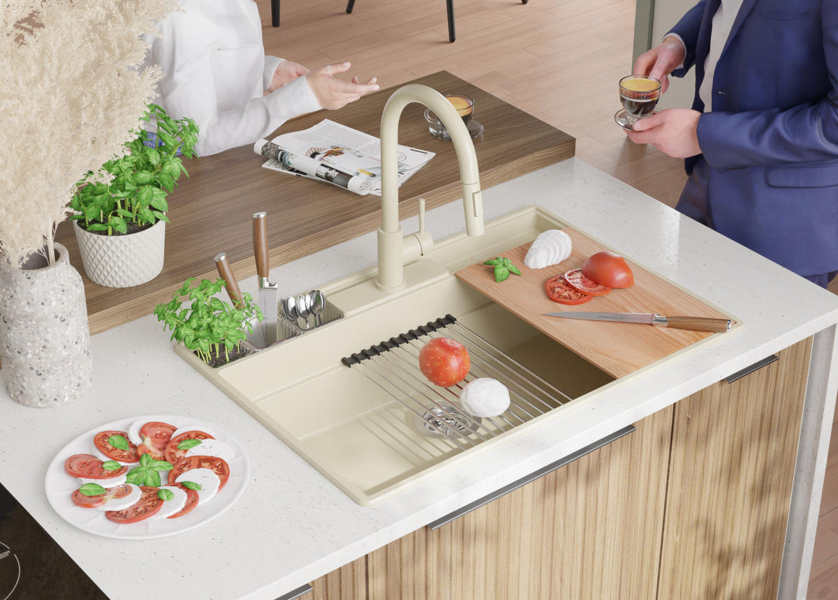 GRANITSPÜLE New York, 2-er set Beige 78/53 cm 1 Becken + Küchenarmatur 32/20 cm + Ablauf-Set + Küchenzubehörset ab 80er Unterschrank - Chromfarben/Beige, Kunststoff (78/20/53cm) - Primagran