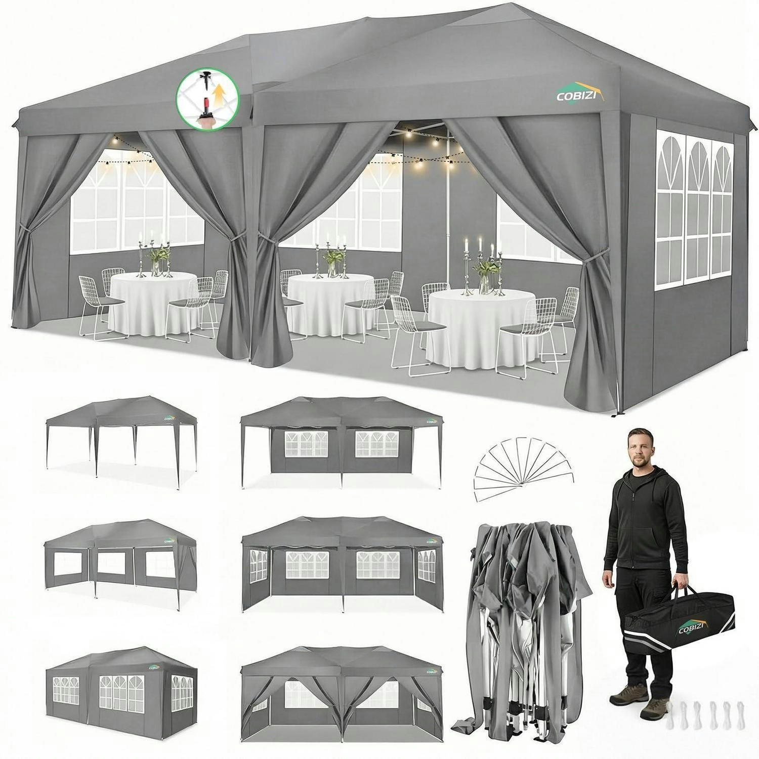 FALTPAVILLON 3x6 m Grau mit 6 Seitenwänden Textil - Grau, Textil (300/320/600cm)