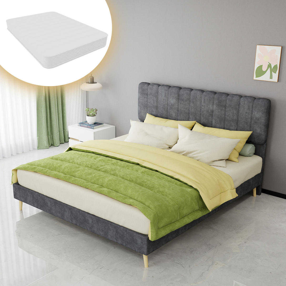 POLSTERBETT 160/200 cm DE-32951 mit hohem Kopfteil und Matratze Grau - Grau, Metall (160/200cm) - ComfortXL