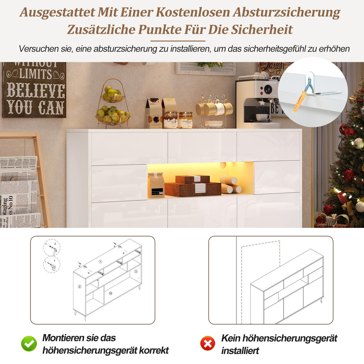 SIDEBOARD 140 cm Hochglanz-Kommode mit 3 Schubladen, 5 Schränken & LED-Lichtleiste Weiß - Weiß Hochglanz, Holzwerkstoff (140/94/30cm) - Urban Meuble