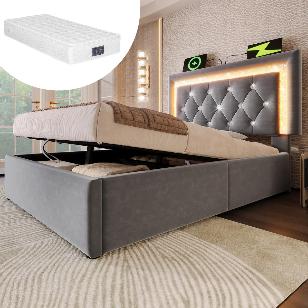 POLSTERBETT 90/200 cm Grau aus Samt mit LED und Bettkasten - Grau, Textil (90/200cm) - OKMYHOME