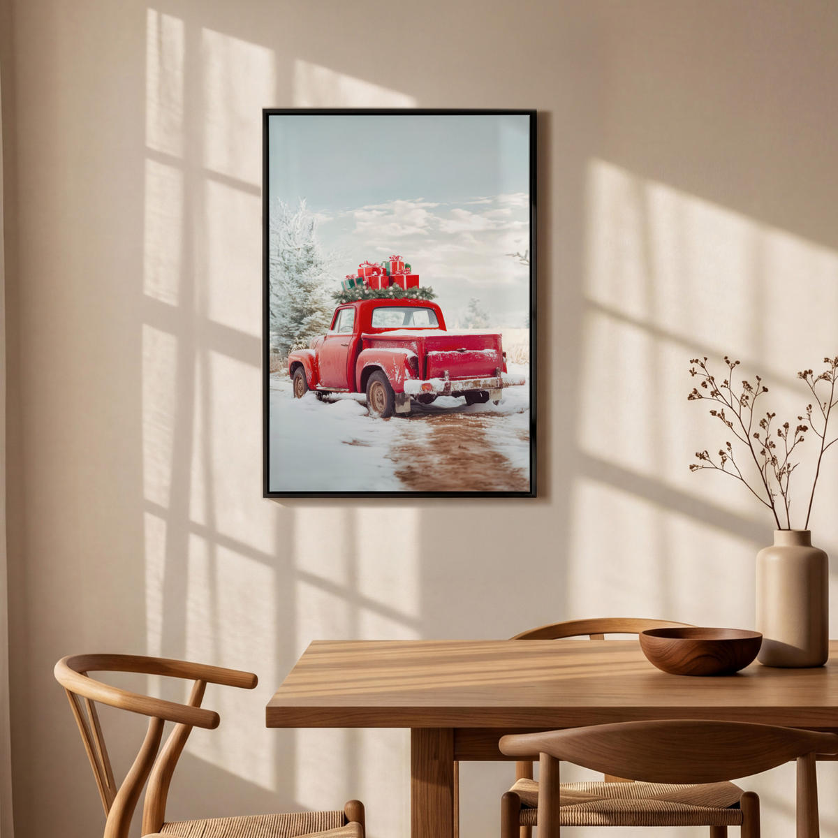 LEINWAND Bilder mit Rahmen - Auto - Rot - Geschenke - Winter - Schnee - Weihnachten - 60x90 - Rot, Textil (60/90cm) - MuchoWow