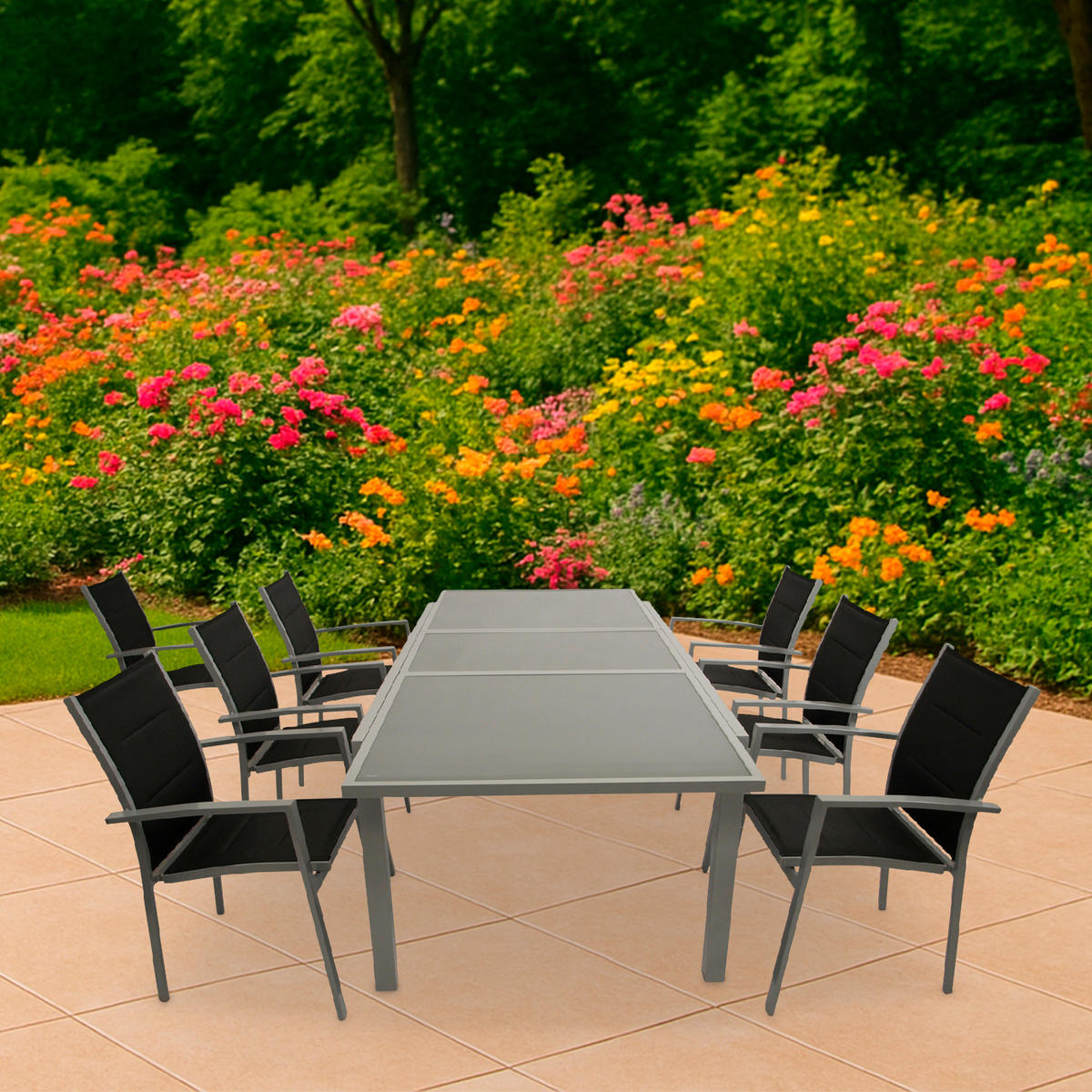 GARTEN-GARNITUR Ashford - 7-teilige Garten-Essgruppe (6x Stapelsessel mit Aluminiumgestell, Bespannung Textillehne schwarz, Ausziehtisch - Schwarz, Metall - TPFGarden