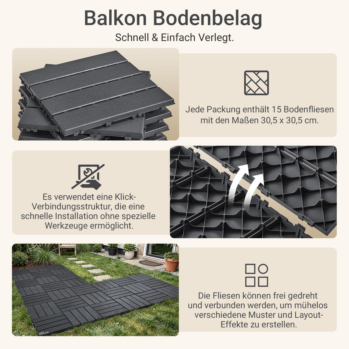 TERRASSENFLIESEN 15 Stück Grau 30.5x2x30.5 cm - Grau, Kunststoff (30.5/30.5/2cm) - SoBuy