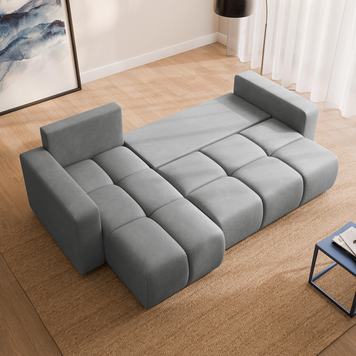 ECKSOFA RAMIL Hellgrau Plüsch-Stoff mit Schlaffunktion - Hellgrau, Holz (240/149cm) - MASSENO