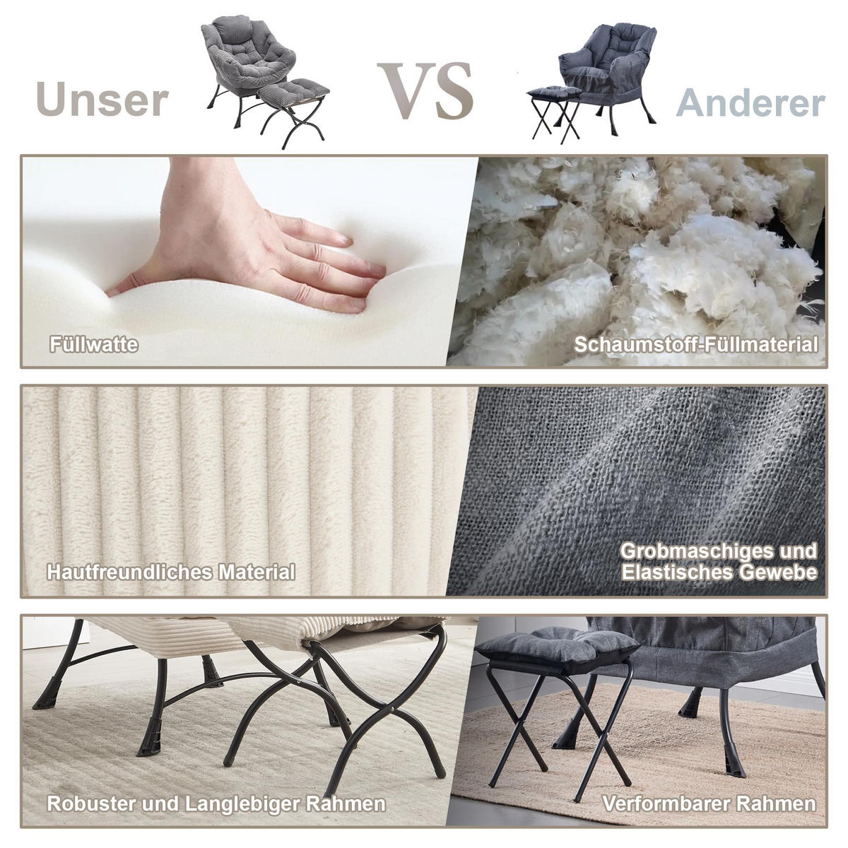 LOUNGESESSEL Relaxsessel mit Hocker,dicke Polsterung,Weiß - Weiß, Metall (70/95/64cm) - LVHOM