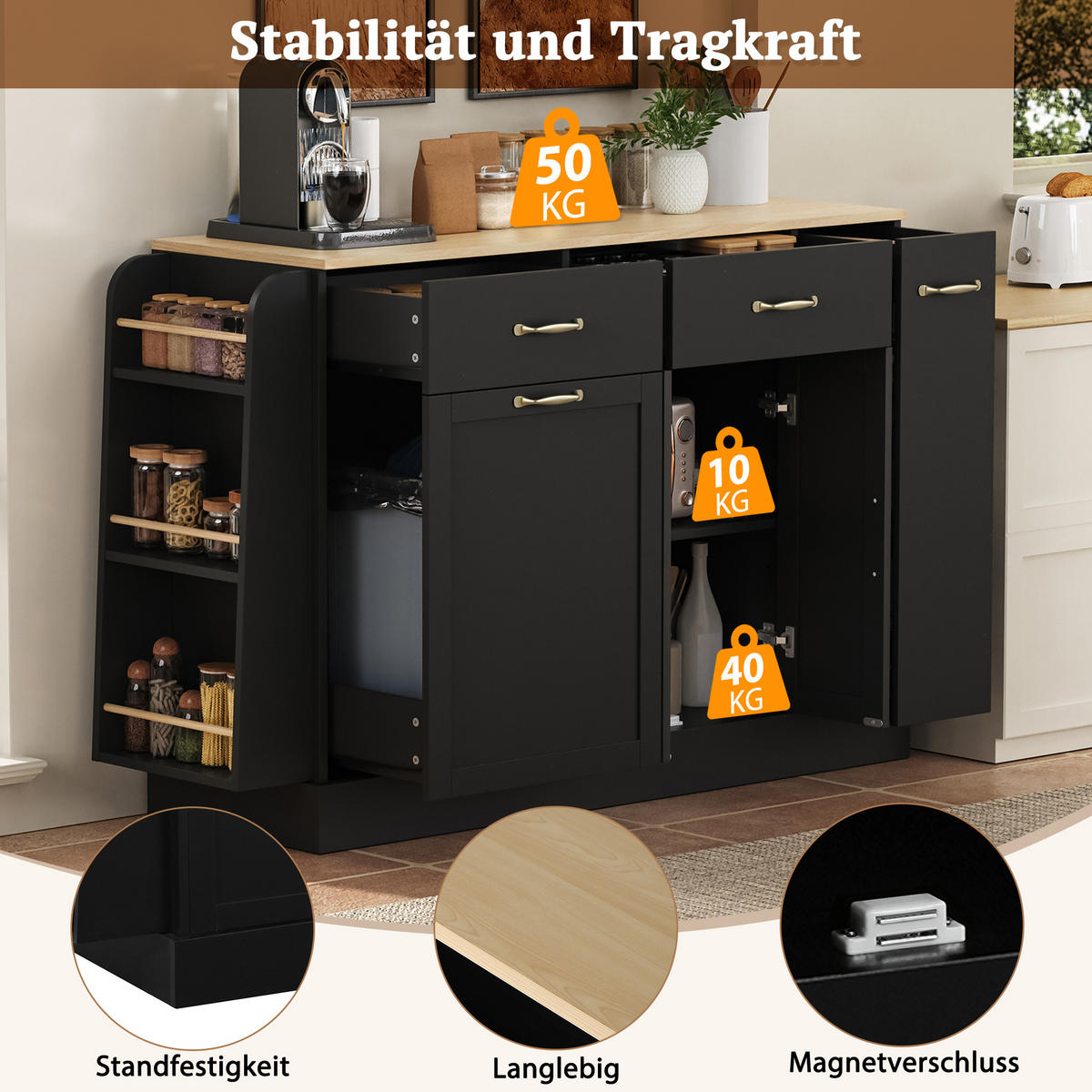 SIDEBOARD mit Abfallfach, Gewürzregal und Schubladen, Schwarz - Schwarz, Holzwerkstoff (133.5/86/40cm)
