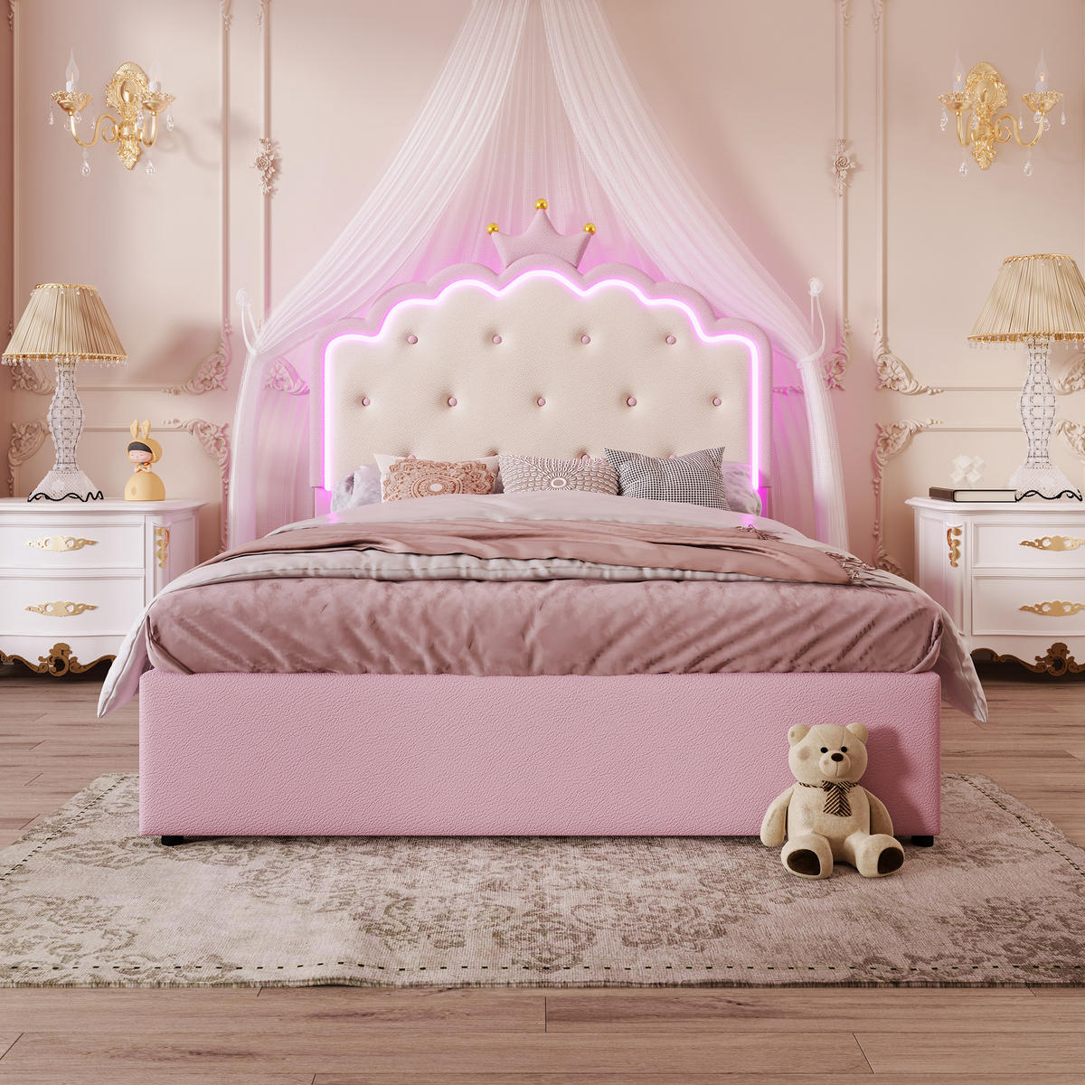 POLSTERBETT 140x200cm Rosa PU Kronprinzessinnenform Ausziehbett 2 Schubladen - Pink, Holz (140/200cm) - FLIEKS