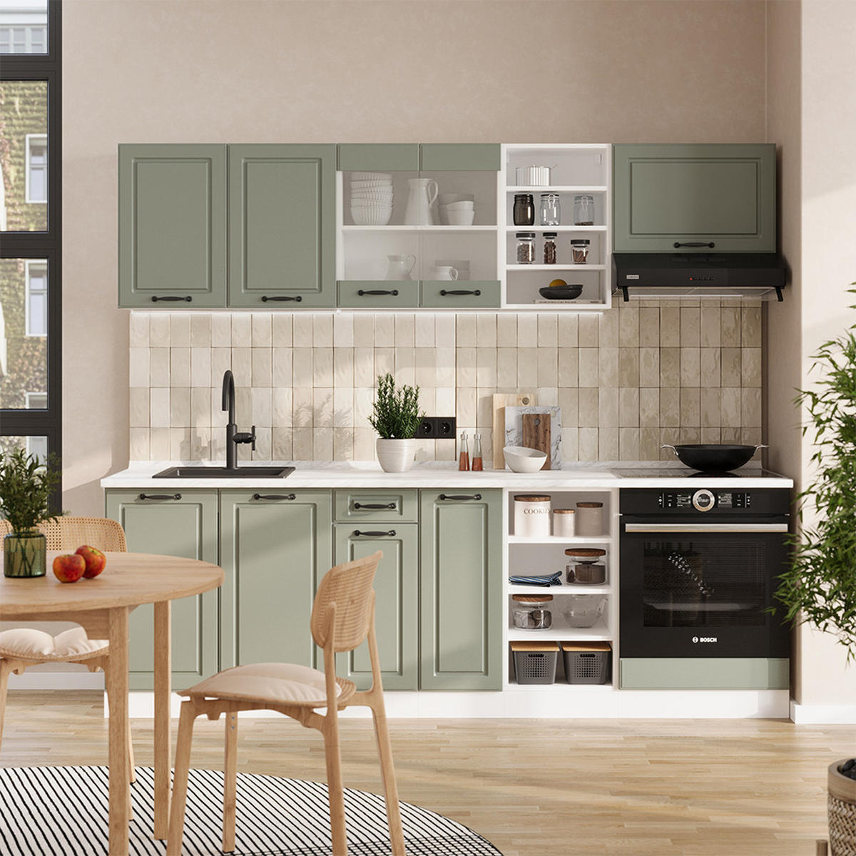 KÜCHENZEILE R-Line, Mint Landhaus/Weiß, 240 cm ohne Arbeitsplatte - Weiß/Grün, Holzwerkstoff (240/206.8/46cm) - Vicco
