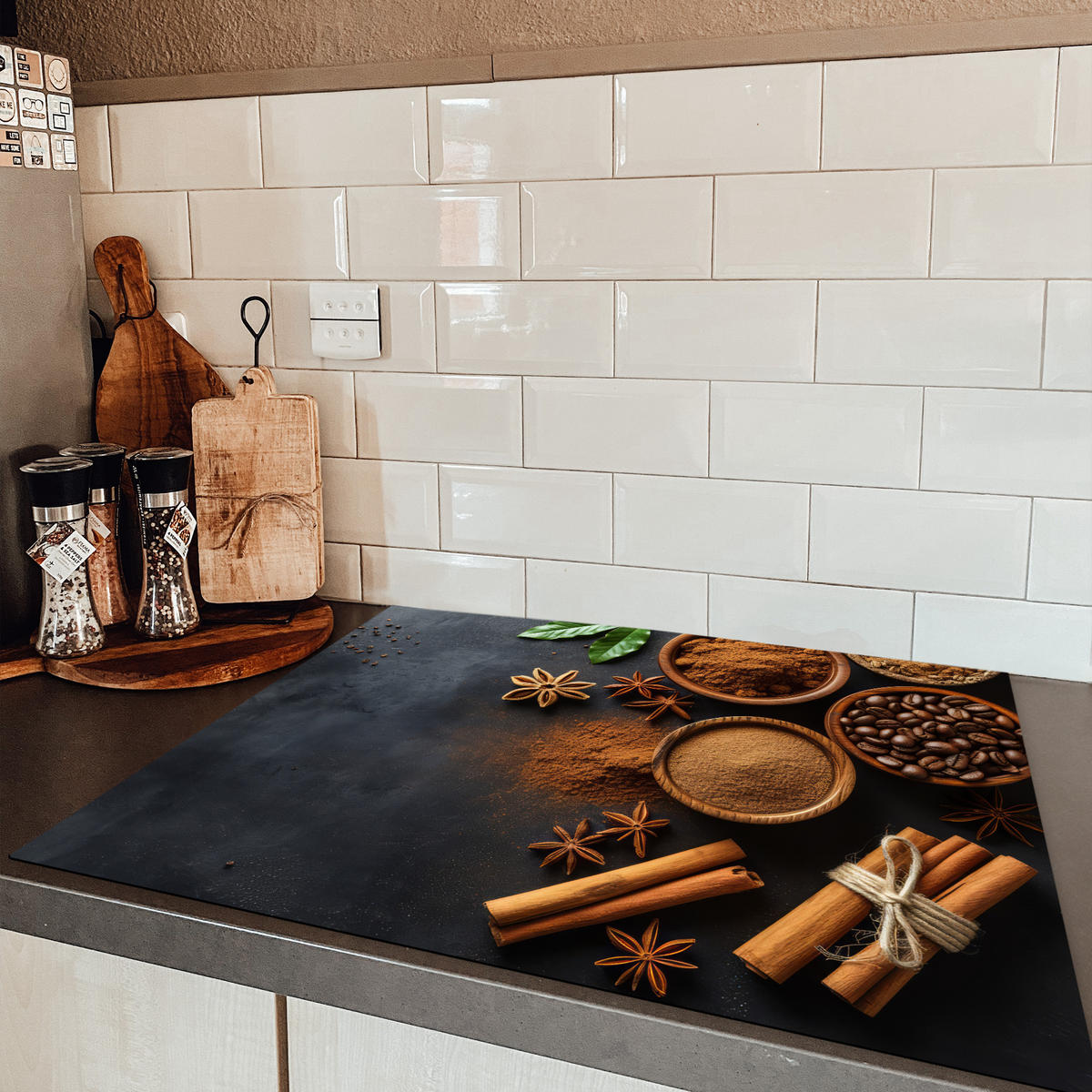 HERDABDECKPLATTE Zimt - Beton - Kaffee - Zimtstangen - Gewürze Induktionsmatte 77x59 cm - Mokka, Kunststoff (77/59/0.2cm) - MuchoWow