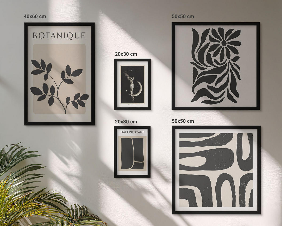 BILDER SET 5er Set - 50x50 cm & 20x30 cm & 40x60 cm Schwarzer Rahmen - Abstrakte Pflanzenmuster - Schwarz, Kunststoff (40/60cm) - TULUP