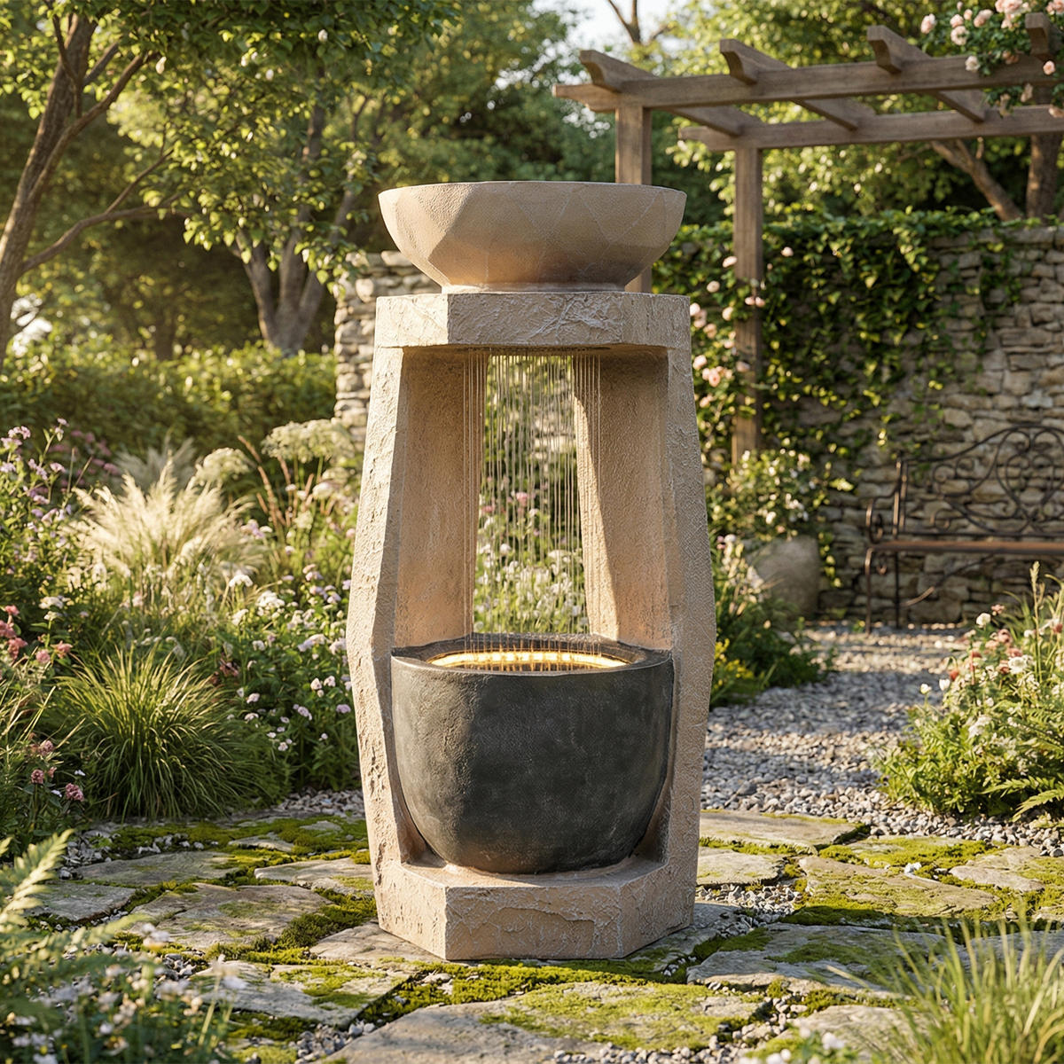 GARTENBRUNNEN, LED-Beleuchtung, Kunststein, Wasserspiel, Beige - Beige, Naturmaterialien (36.5/36/81.5cm) - FLIEKS