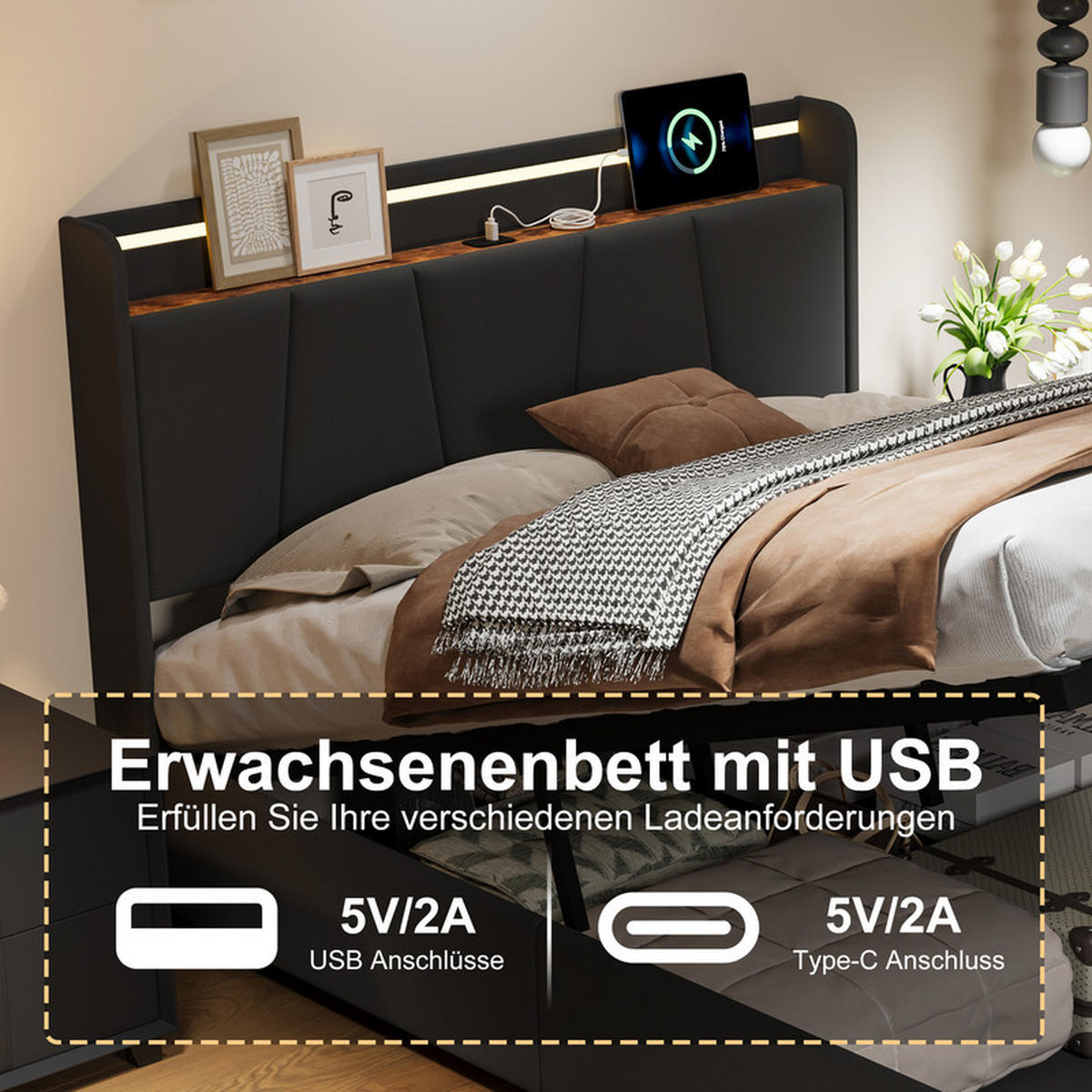 BETT 160 x 200 cm mit Stauraum, mit 2 Schubladen, LED-Beleuchtung und USB-Anschlüssen, Kopfteil - Grau, Holzwerkstoff/Textil