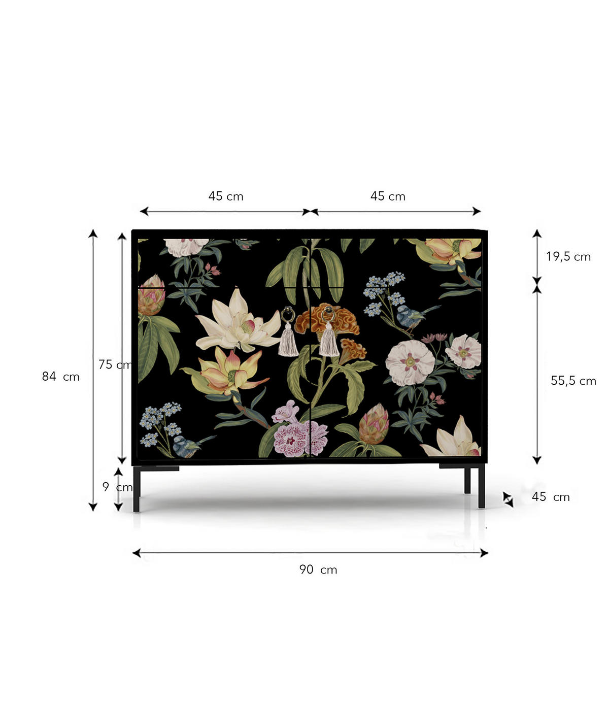 SIDEBOARD MDF 2 Türen und 2 Schubladen mit Blumendruckmuster ALISE JARA - Multicolor/Schwarz, Holzwerkstoff (45/84/90cm) - RNT By Really Nice Things