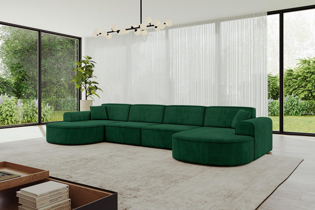 WOHNLANDSCHAFT MARI-U2 - 388x171x79 cm Dunkelgrün Velours - Dunkelgrün/Schwarz, Holzwerkstoff/Kunststoff (388/79/171cm) - ALTDECOR