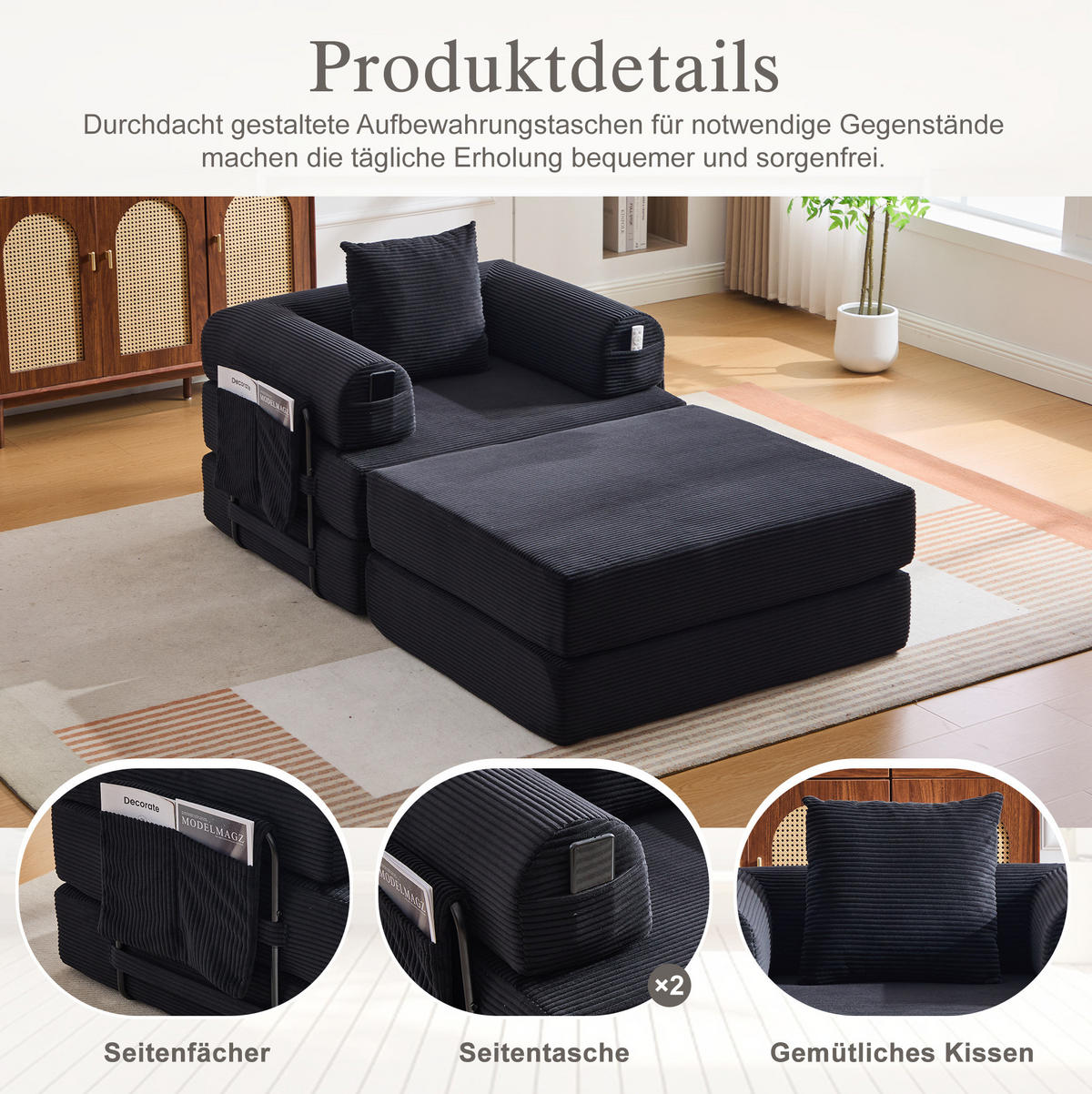 SESSEL mit Hocker 112/190/67 cm frei kombinierbar, Cordbezug, ergonomisch und montagefrei, Schwarz - Schwarz, Textil (190/67/112cm) - Redom